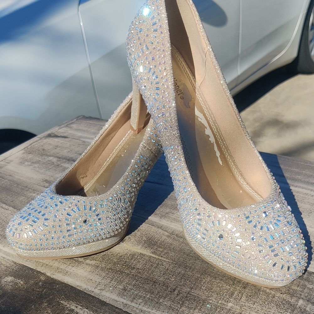Women’s Silver Slipper Sparkling Glitter Silver High Heel Shoes 3.5” Size 10W